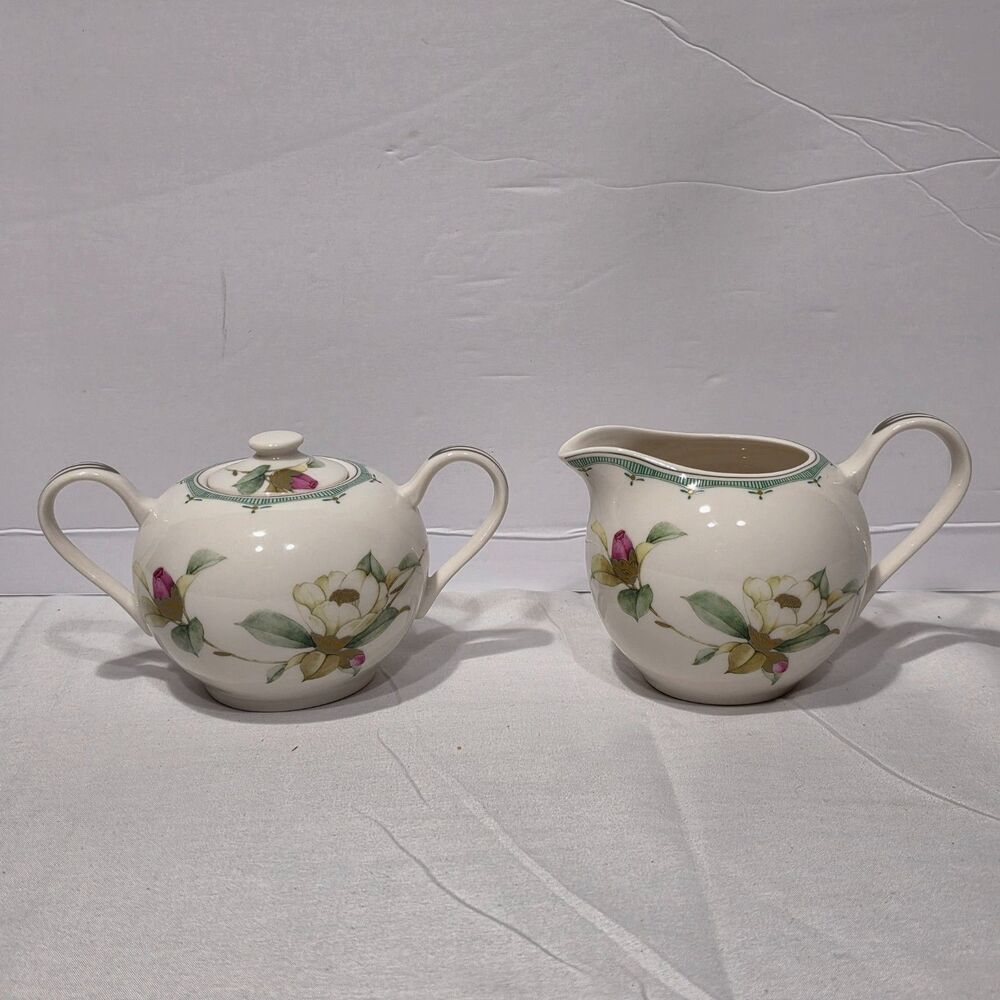 GRACE'S TEAWARE, CREAM & SUGAR BOWL, White With Turquoise and Flowers Pattern